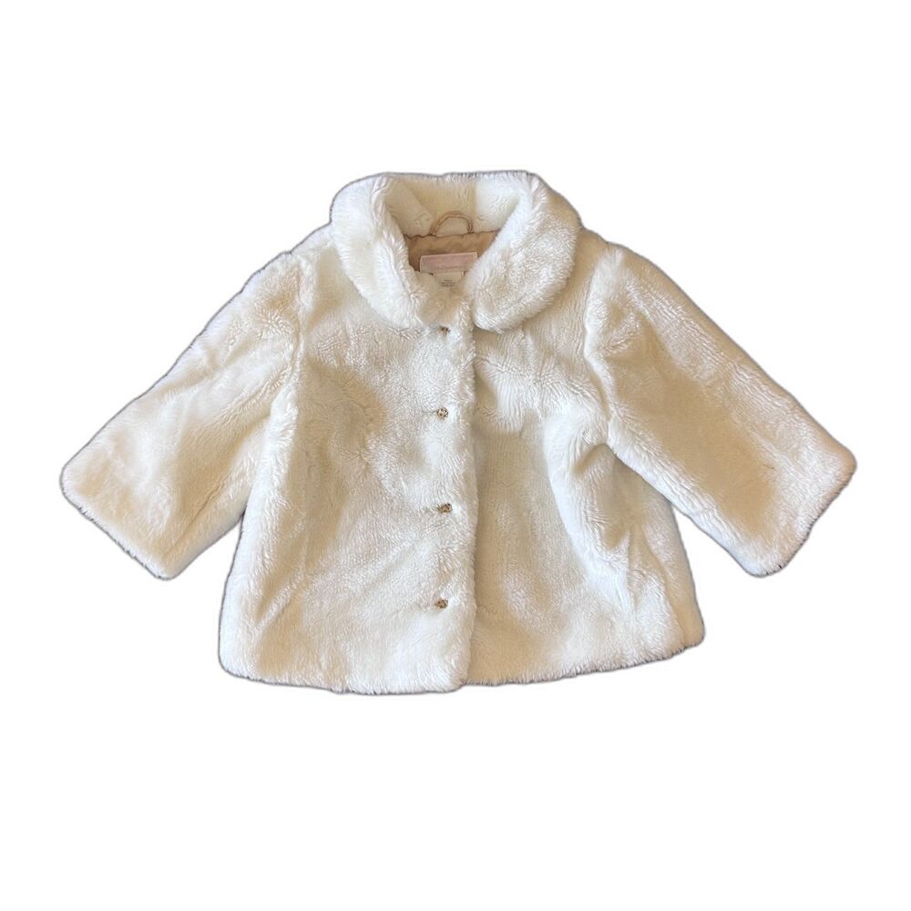 Janie and Jack Girls 12-18M Ivory Faux Fur Holiday Coat Jeweled Buttons